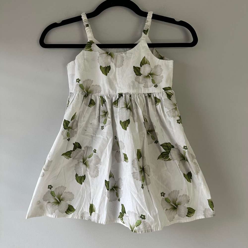 Vintage Pacific Legend Sun Dress Girls‎ 5-6 White Green Hibiscus Hawaiian Cotton